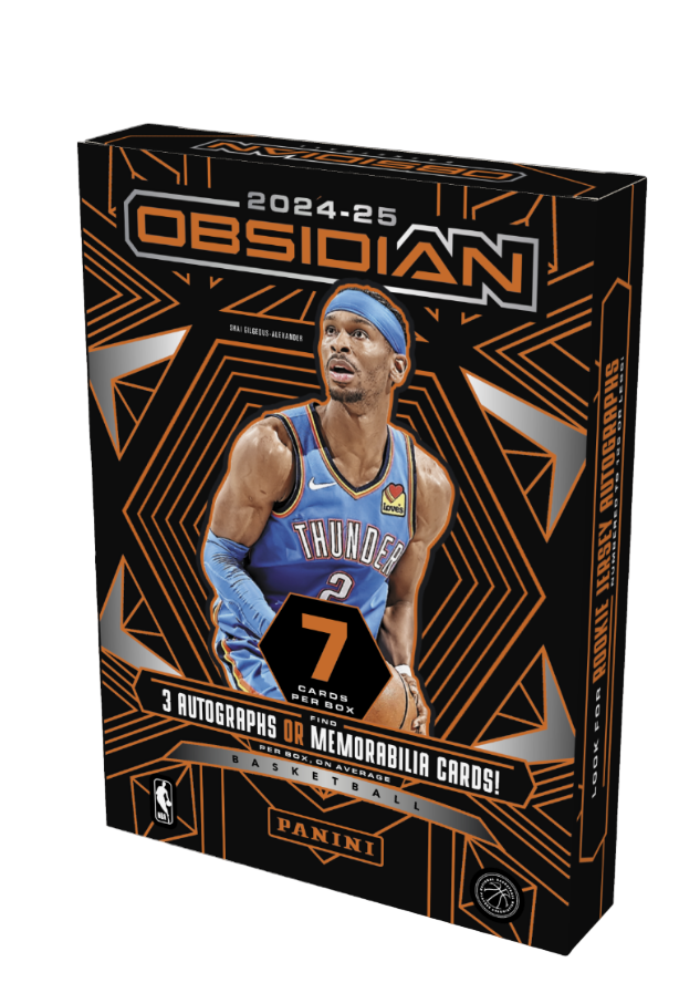 Basketball trading card pack featuring a player in a blue jersey with the number 7, on a black and orange design.