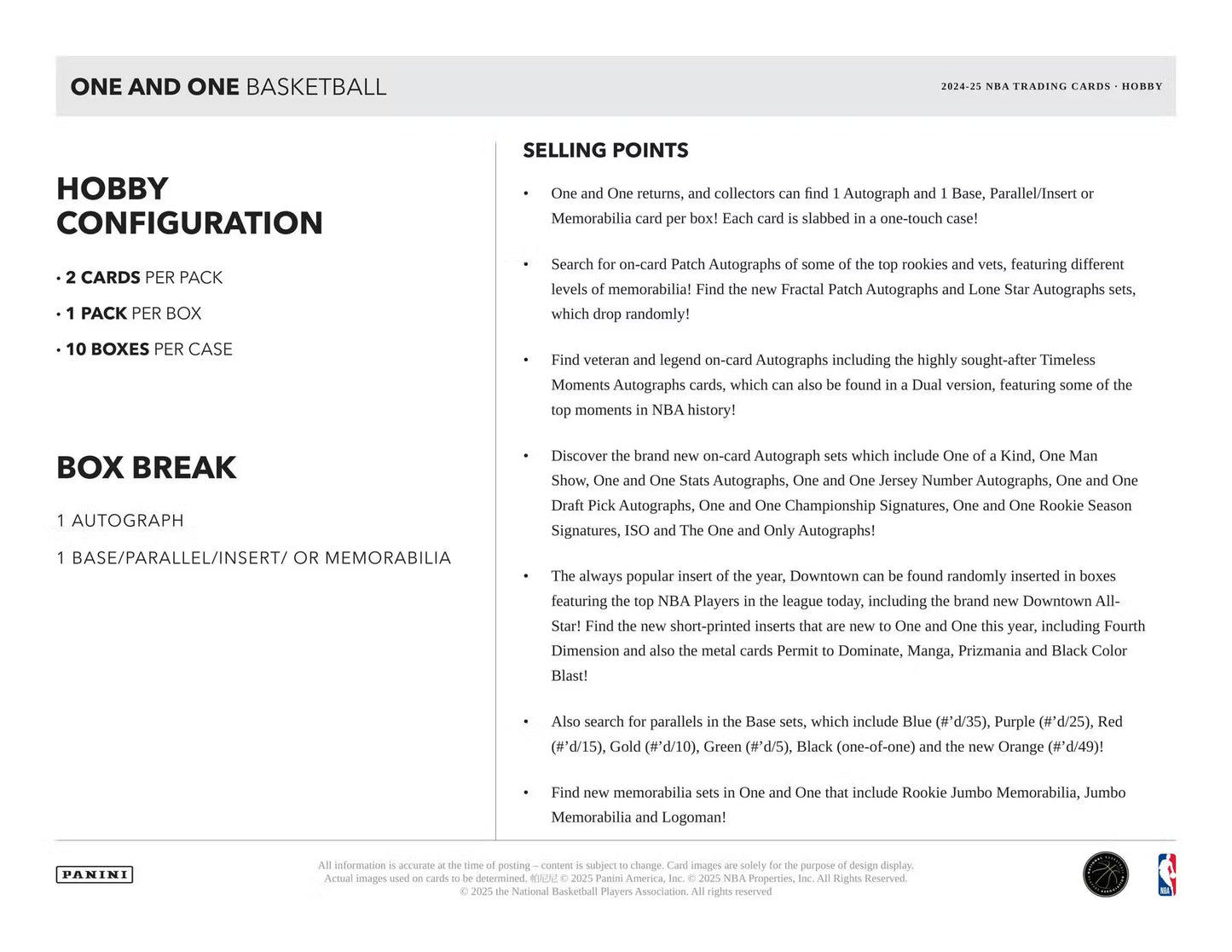 2024-25 Panini One and One NBA Trading Card Box (Hobby)